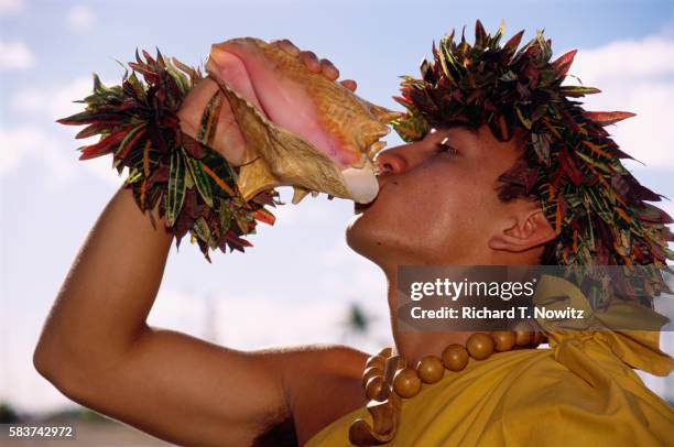 hawaiian dancer blowing conch shell - waikiki beach stock-fotos und bilder