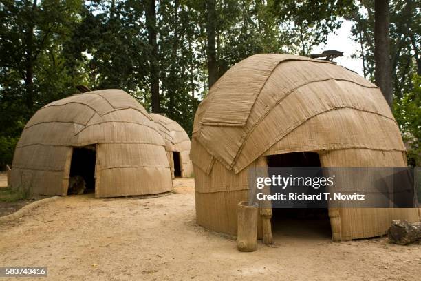 huts in replica of powhatan indian settlement - wigwam bildbanksfoton och bilder