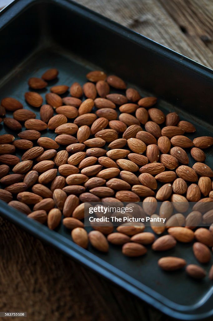 Toasted almonds on a tray