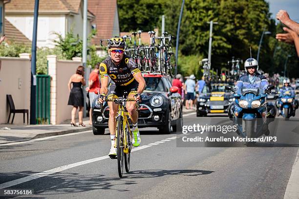 The French cyclist Thomas Voeckler crosses the stage 21 of the Tour de France, arriving in the town of Domont, between Chantilly and Paris Champs...