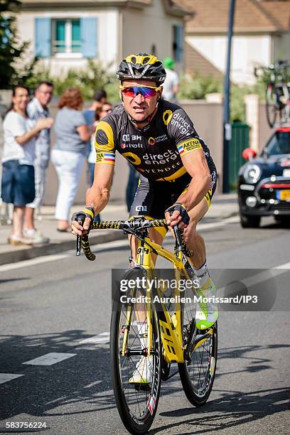 The French cyclist Thomas Voeckler crosses the stage 21 of the Tour de France, arriving in the town of Domont, between Chantilly and Paris Champs...