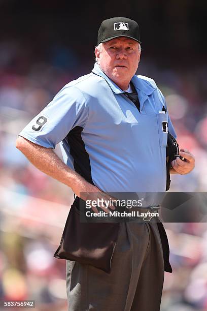 Umpire Brian Gorman looks on during a baseball game between the Washington Nationals and the Los Angeles Dodgers at Nationals Park on July 21, 2016...