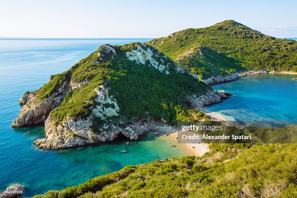 High angle view of Porto Timoni beach, Corfu, Ionian Islands, Greece