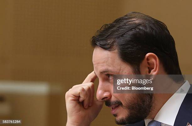 Berat Albayrak, Turkey's energy minister, gestures during a news conference in Ankara, Turkey, on Wednesday, July 27, 2016. Turkey will most likely...