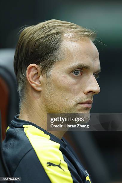 Thomas Tuchel, head coach of Dortmund looks on during a press conference for 2016 International Champions Cup match between Manchester City and...