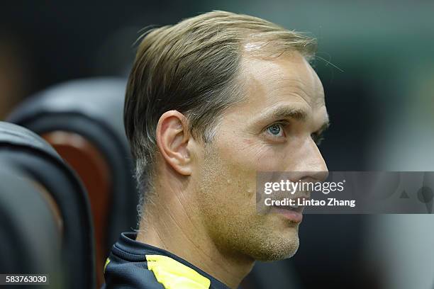 Thomas Tuchel, head coach of Dortmund looks on during a press conference for 2016 International Champions Cup match between Manchester City and...