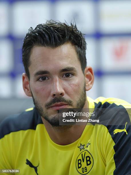 Goalkeeper Roman Buerki of Dortmund looks on during a press conference for 2016 International Champions Cup match between Manchester City and...