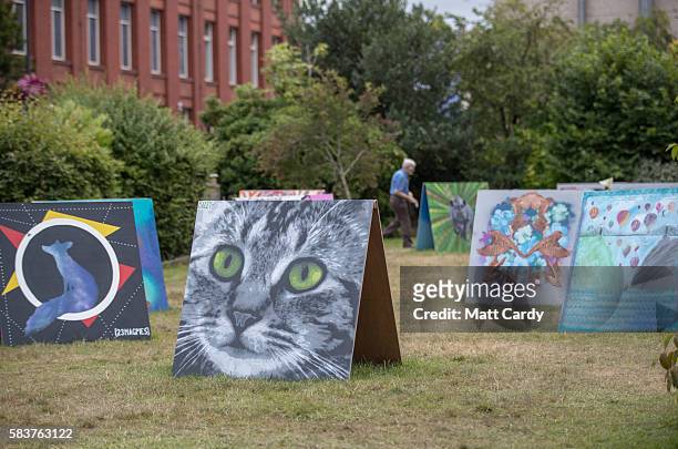 Man walks around artwork on displayed on boards by various artists as part of the 2016 Upfest on July 27, 2016 in Bristol, England. The annual event,...
