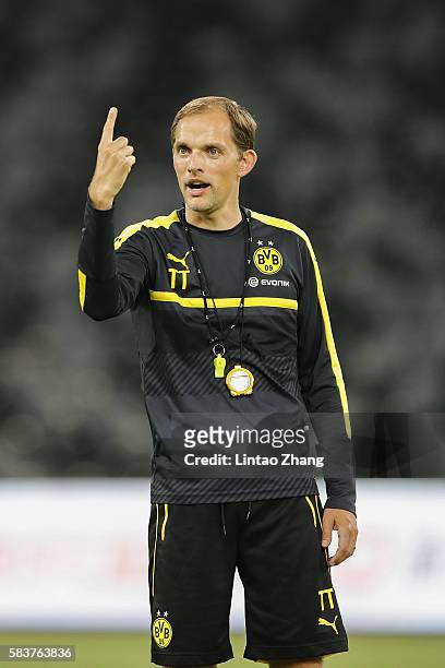 Thomas Tuchel, head coach of Dortmund gestures during team training session for 2016 International Champions Cup match between Manchester City and...
