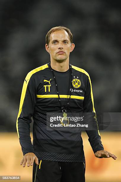 Thomas Tuchel, head coach of Dortmund gestures during team training session for 2016 International Champions Cup match between Manchester City and...