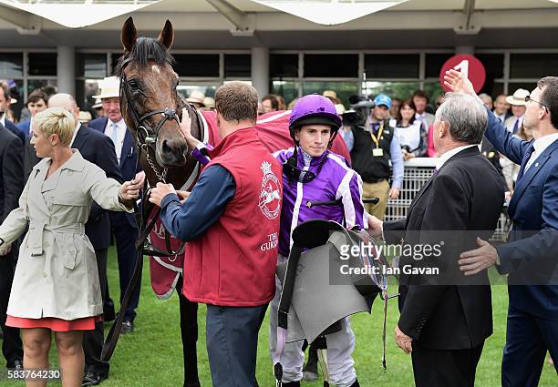 Winner of the Sussex Stakes £1 million race, Ryan Moore and The Gurkha at the Qatar Goodwood Festival 2016 at Goodwood on July 27, 2016 in...