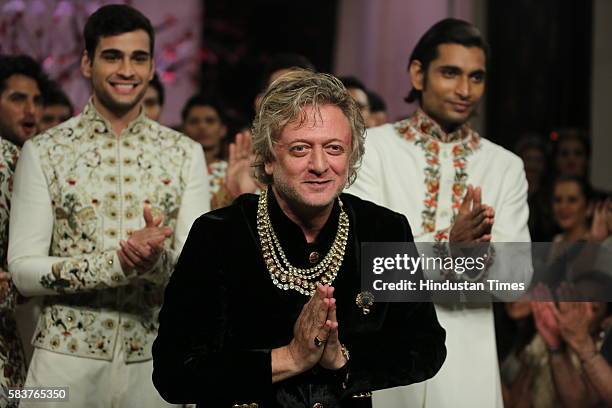 Indian Fashion Designer Rohit Bal during his show on the day 5 of FDCI India Couture Week 2016 at the Taj Palace Hotel on July 24, 2016 in New Delhi,...