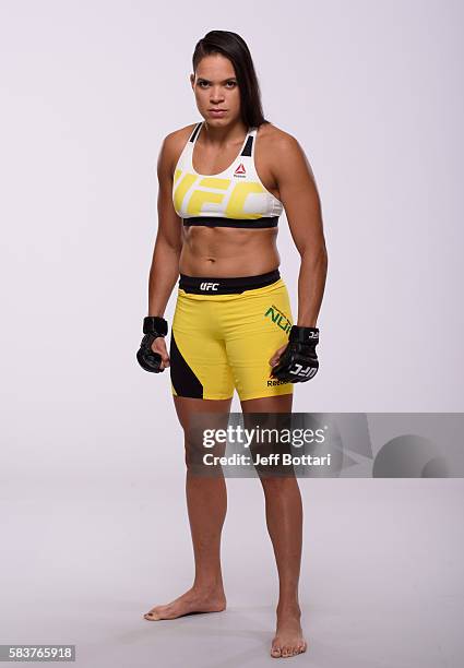 Amanda Nunes of Brazil poses for a portrait during a UFC photo session at the Monte Carlo Resort and Casino on July 6, 2016 in Las Vegas, Nevada.