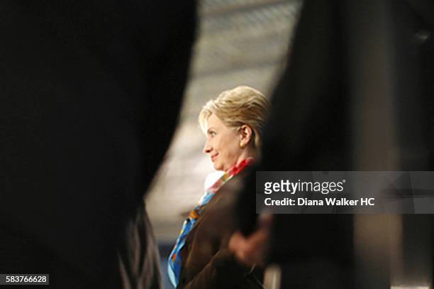 Presidential candidate hopeful Hillary Rodham Clinton gets ready to give a speech at Pennsylvania State University on April 20, 2008 in State...