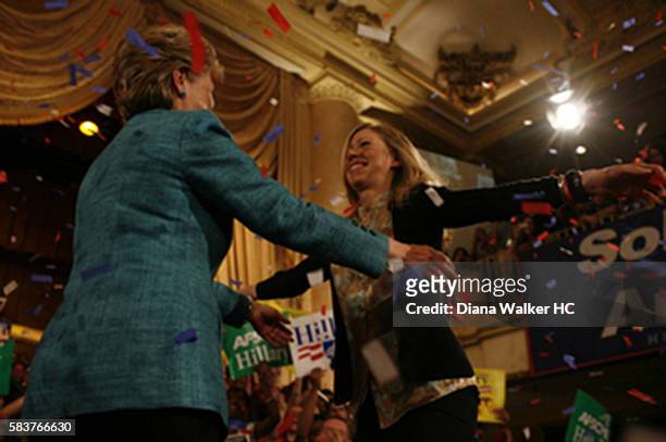 From left, Hillary Rodham Clinton is about to hug her daughter Chelsea, after winning the Pennsylvania primary on April 22, 2008 at the Park Hyatt...