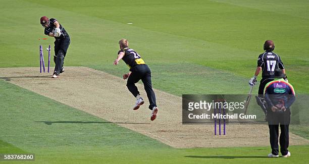 Ben Foakes of Surrey is bowled out by Liam Norwell of Gloucestershire during the Royal London One-Day Cup match between Surrey and Gloucestershire at...