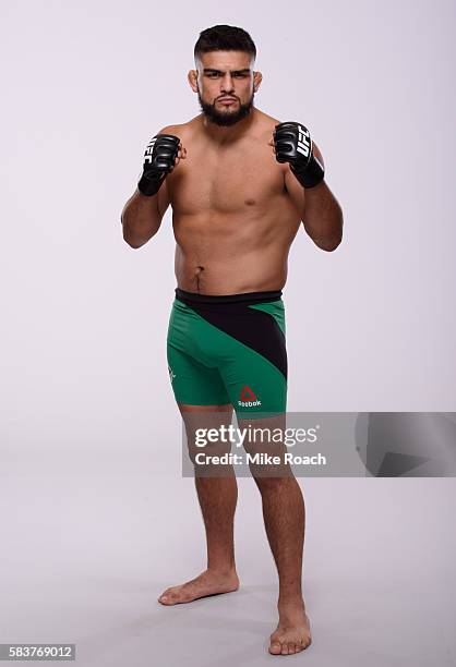 Kelvin Gastelum poses for a portrait during a UFC photo session at the Monte Carlo Resort and Casino on July 5, 2016 in Las Vegas, Nevada.