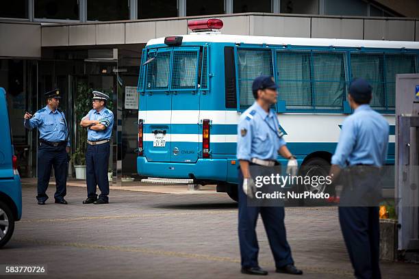 Police officers continue to investigate on knife attack in a handicap center of Tsukui Yamayuri-en building at Sagamihara on Wednesday, July 27, 2016...