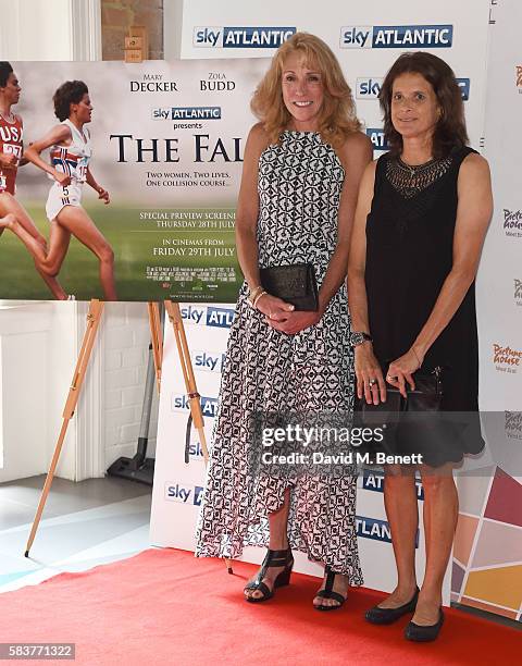 Mary Decker and Zola Budd attend the premiere of the Sky Atlantic original documentary feature "The Fall" at Picturehouse Central on July 27, 2016 in...