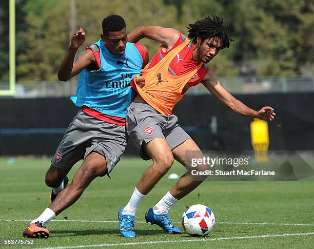 Jeff Reine-Adelaide and Mohamed Elneny of Arsenal during a training session at San Jose State University on July 27, 2016 in San Jose, California.
