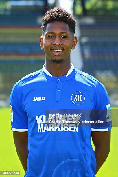 Boubacar Barry poses during the Karlsruher SC team presentation at Wildpark Stadion on July 27, 2016 in Karlsruhe, Germany.