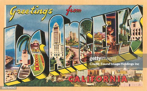 Vintage illustration of Greetings from Los Angeles, California large letter vintage postcard, 1940s.