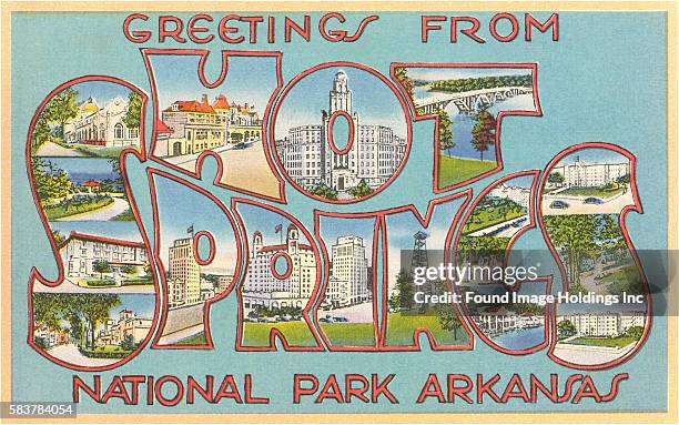 Vintage illustration of Greetings from Hot Springs National Park, Arkansas large letter vintage postcard, 1930s.