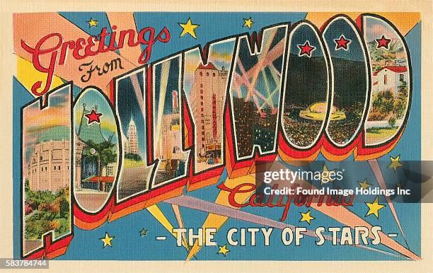 Vintage illustration of Greetings from Hollywood, California large letter vintage postcard, 1930s.