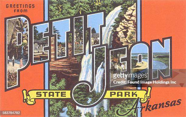 Vintage illustration of Greetings from Petit Jean State Park, Arkansas large letter vintage postcard, 1940s.