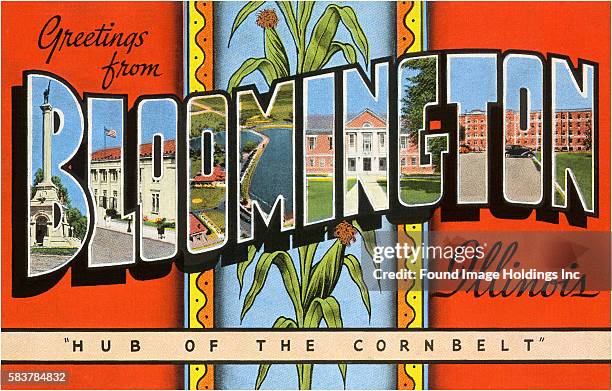 Vintage illustration of Greetings from Bloomington, Illinois, Hub of the Corn Belt large letter vintage postcard, 1940s.