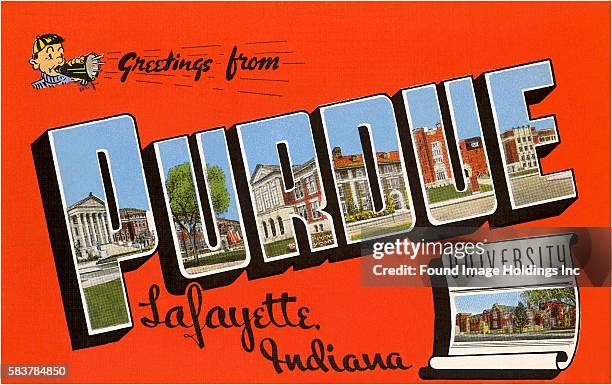 Vintage illustration of Greetings from Purdue University, Lafayette Indiana large letter vintage postcard, 1940s.