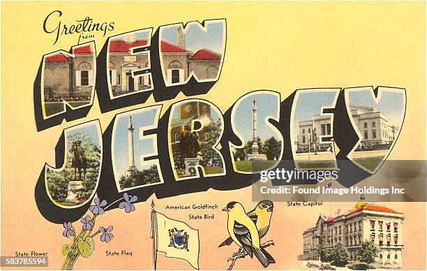 Vintage illustration of Greetings from New Jersey large letter vintage postcard, 1930s.