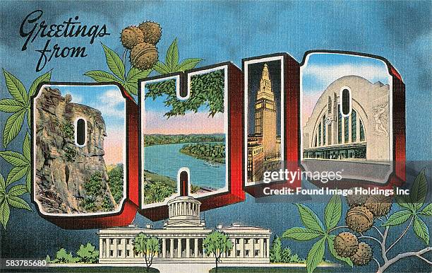 Vintage illustration of Greetings from Ohio large letter vintage postcard, 1940s.