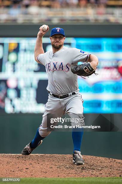 Bryan Holaday of the Texas Rangers pitches against the Minnesota Twins on July 2, 2016 at Target Field in Minneapolis, Minnesota. The Twins defeated...