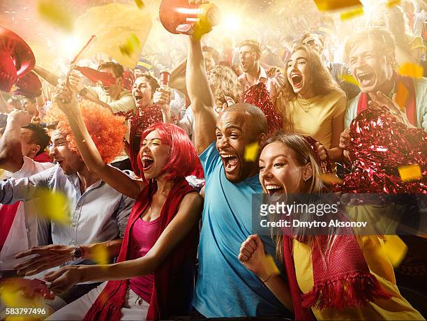 sport fans: group of cheering fans - match sport imagens e fotografias de stock