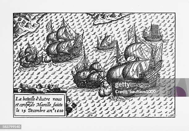 van noort landung in manila bay, philippinen gravur, 1600 - pazifik stock-grafiken, -clipart, -cartoons und -symbole