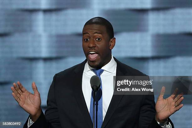 Tallahassee Mayor Andrew Gillum delivers remarks on the third day of the Democratic National Convention at the Wells Fargo Center, July 27, 2016 in...