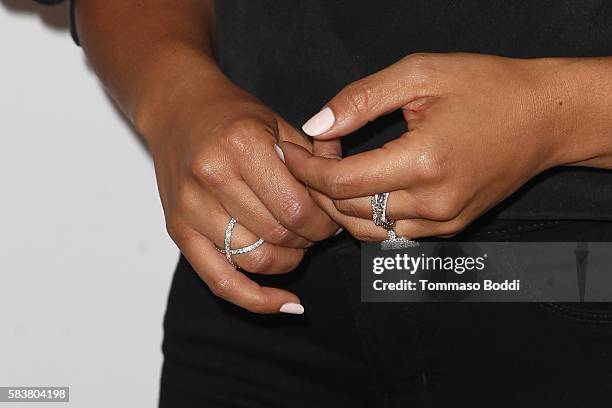 Actress Gina Rodriguez, rings detail, and Verizon launch Bienvenido a Lo Mejor held at the Mondrian Los Angeles on July 27, 2016 in West Hollywood,...