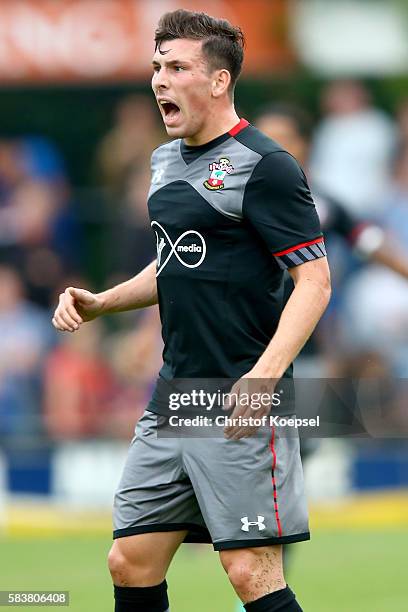 Pierre-Emile Hoejbjerg of Southampton shouts during the friendly match between Twente Enschede and FC Southampton at Q20 Stadium on July 27, 2016 in...