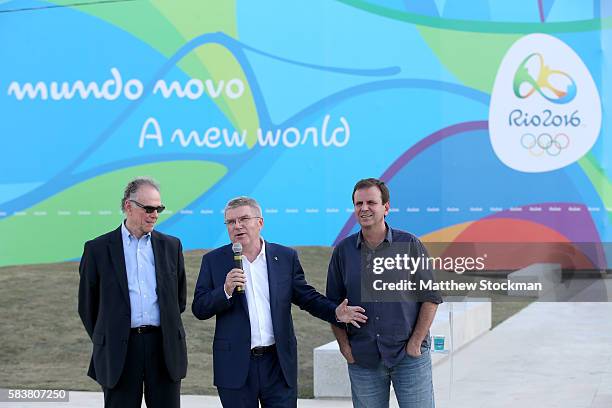 President Thomas Bach addresses the media while visiting the site of the Olympic flame with Carlos Arthur Nuzman, President of the Rio 2016...