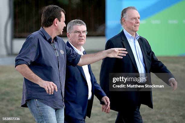 President Thomas Bach visits the site of the Olympic flame with Rio de Janeiro Mayor Eduardo Paes and Carlos Arthur Nuzman, President of the Rio 2016...