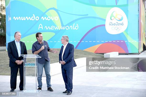 Rio de Janeiro Mayor Eduardo Paes addresses the media while visiting the site of the Olympic flame with Carlos Arthur Nuzman, President of the Rio...