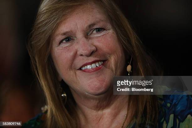 Jane Sanders, wife of Vermont Senator Bernie Sanders, smiles during the Democratic National Convention in Philadelphia, Pennsylvania, U.S., on...
