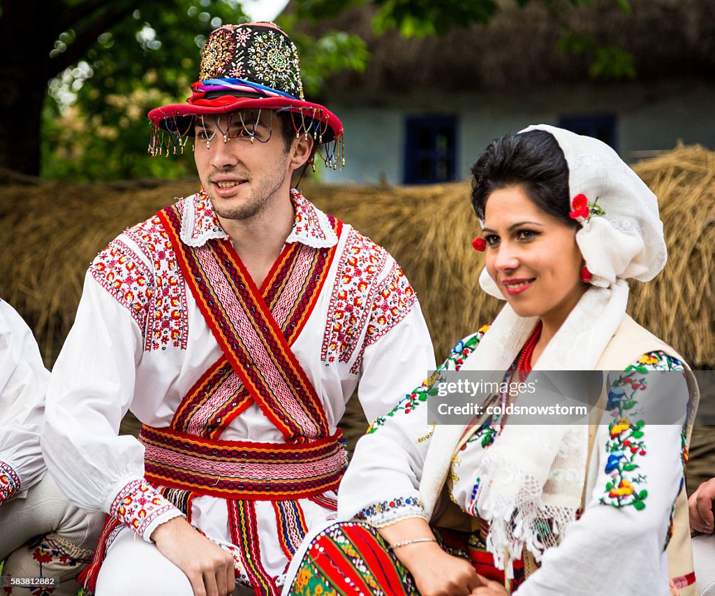 People wearing traditional Romanian clothing in Bucharest, Romania