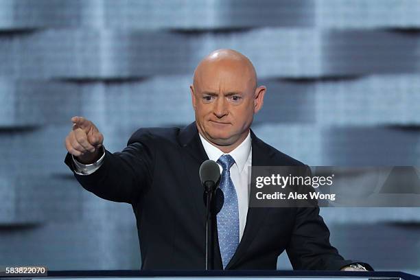 Retired NASA Astronaut and Navy Captain Mark Kelly delivers remarks on the third day of the Democratic National Convention at the Wells Fargo Center,...