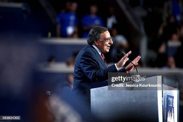 Former Secretary of Defense Leon Panetta attempts to quiet the crowd during his speech on the third day of the Democratic National Convention at the...