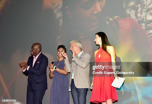 Ancil McKain, Claire Ince, Todd Kessler, and Susanne Bohnet speak onstage during Bazodee premiere and concert featuring Machel Montano and friends at...