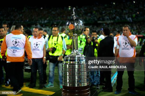 The trophy is seen before the Colombia's Atletico Nacional vs Ecuador's Independiente del Valle, Copa Libertadores 2016 final football match at...