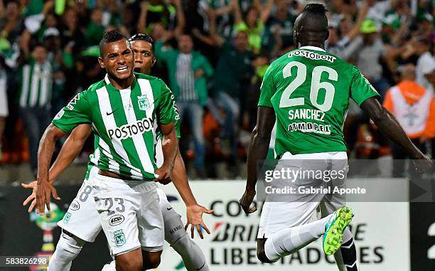 Miguel Borja of Atletico Nacional celebrates after scoring the opening goal during a second leg final match between Atletico Nacional and...