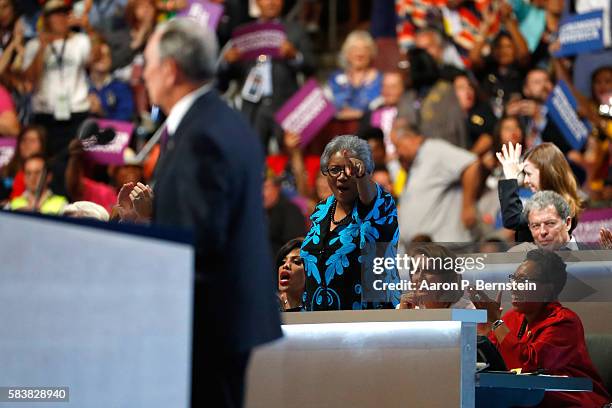 Baltimore Mayor Stephanie Rawlings-Blake , Donna Brazile , House Minority Leader Nancy Pelosi and U.S. Representative Marcia Fudge listen to former...